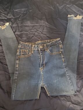 SHEIN High-Rise Distressed Dark Blue Skinny Jeans